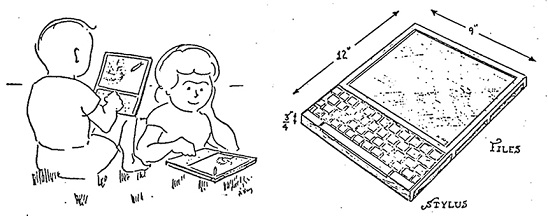 Two pen-and-ink drawings. Left: two children sit on the grass, each with a Dynabook: one, seen from behind, holds it up and types on its keyboard below a screen showing a drawing; the other leans over one laid flat on the ground. Right: the Dynabook itself, a flat slab 12 by 9 inches and three quarters of an inch thick, a screen above a keyboard, with a stylus and a slot for files at its side.